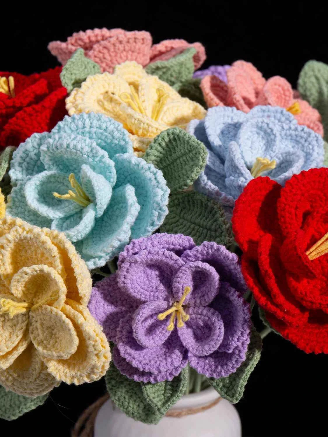 Handmade Crocheted French Rose Single Stem - Multicolor Knitted Artificial Flower