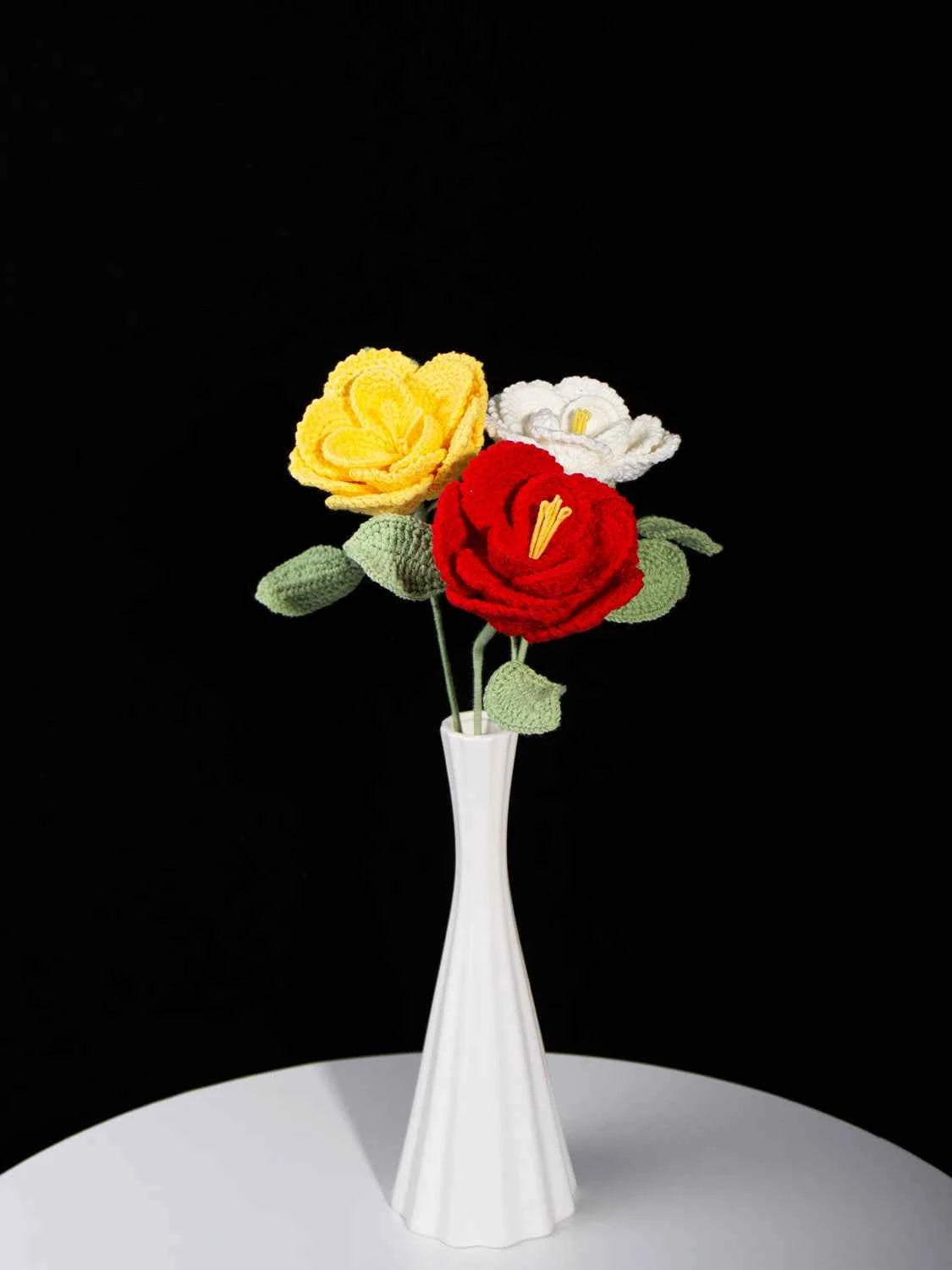 Handmade Crocheted French Rose Single Stem - Multicolor Knitted Artificial Flower