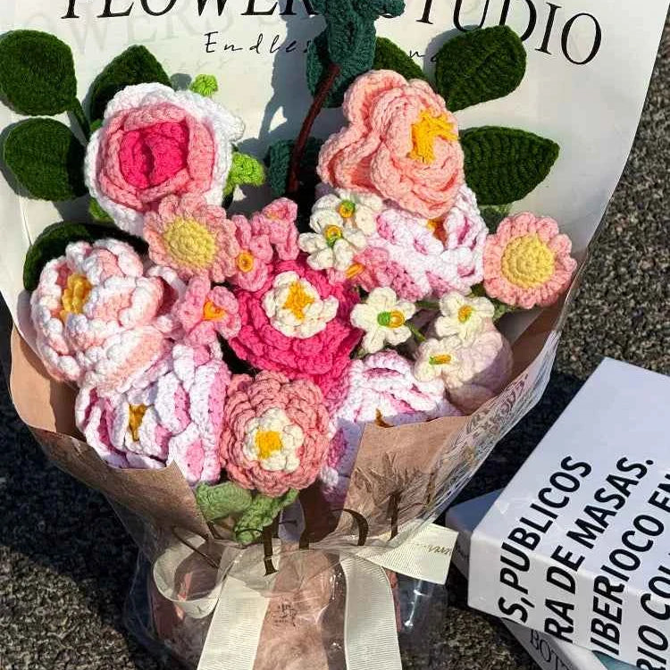 Handmade Crochet Flower Bouquet, Eternal Floral Gift for Valentine's Day/Mother's Day, Forever Knitted Peony & Daisy Bouquet for Home Decor