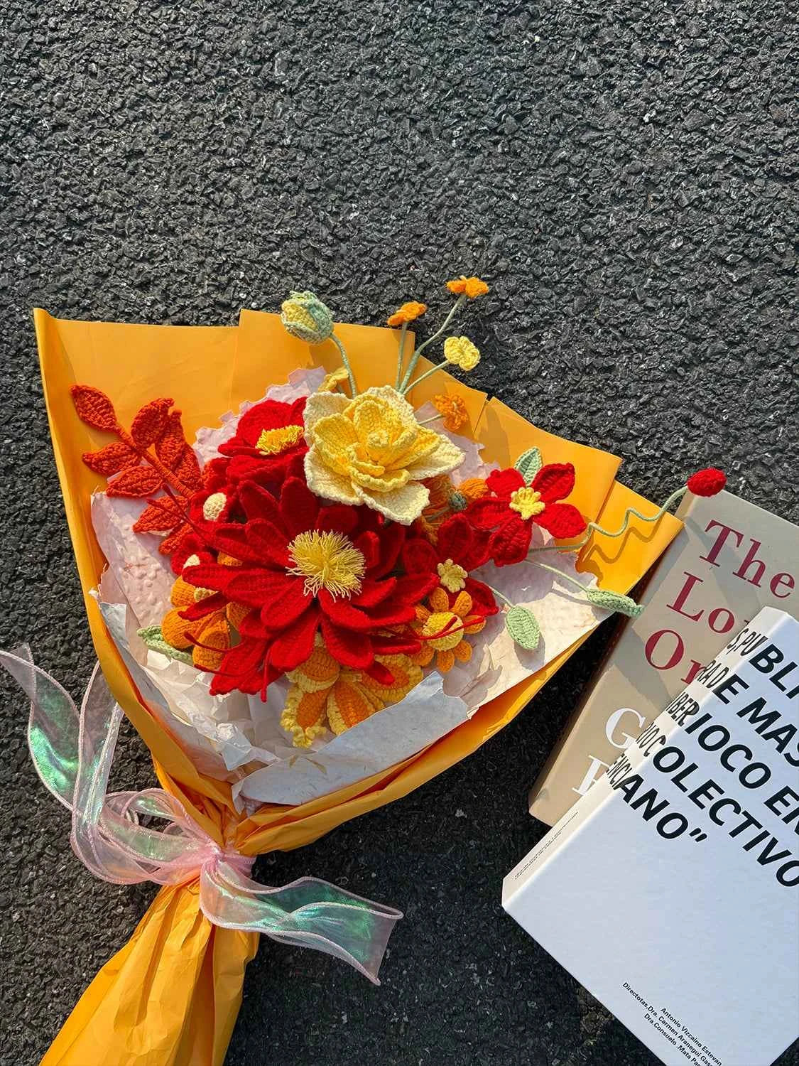 Handcrafted Crochet Flower Bouquet Gift | Red & Yellow Artificial Flowers