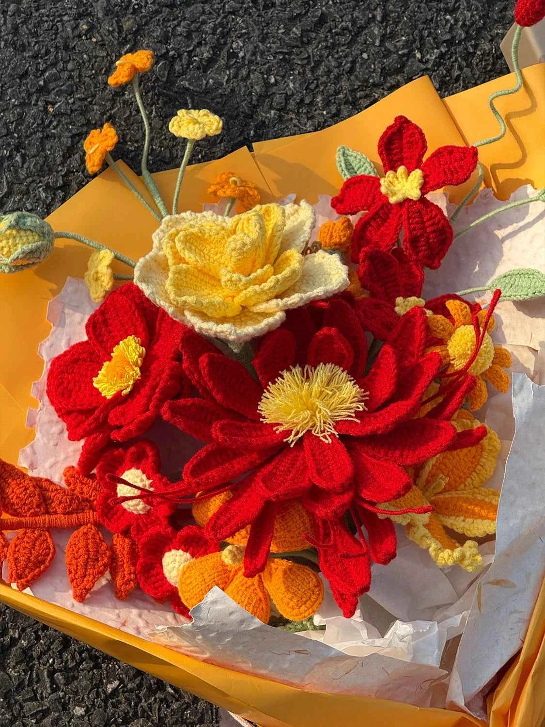 Handcrafted Crochet Flower Bouquet Gift | Red & Yellow Artificial Flowers