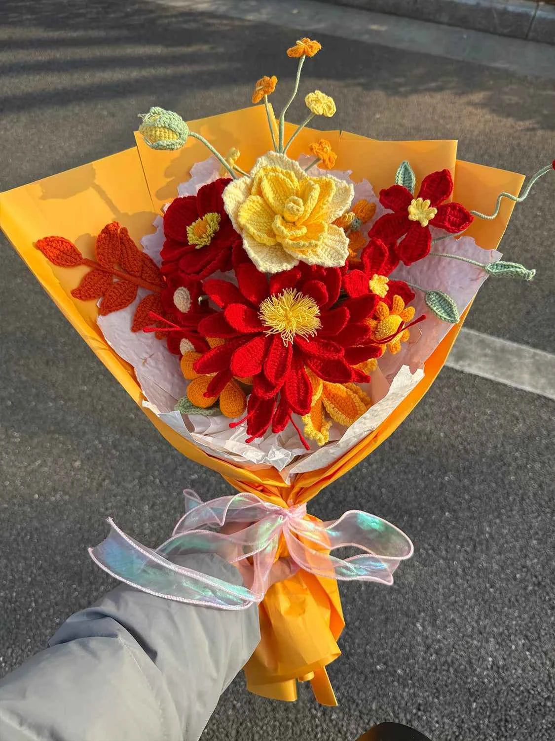 Handcrafted Crochet Flower Bouquet Gift | Red & Yellow Artificial Flowers