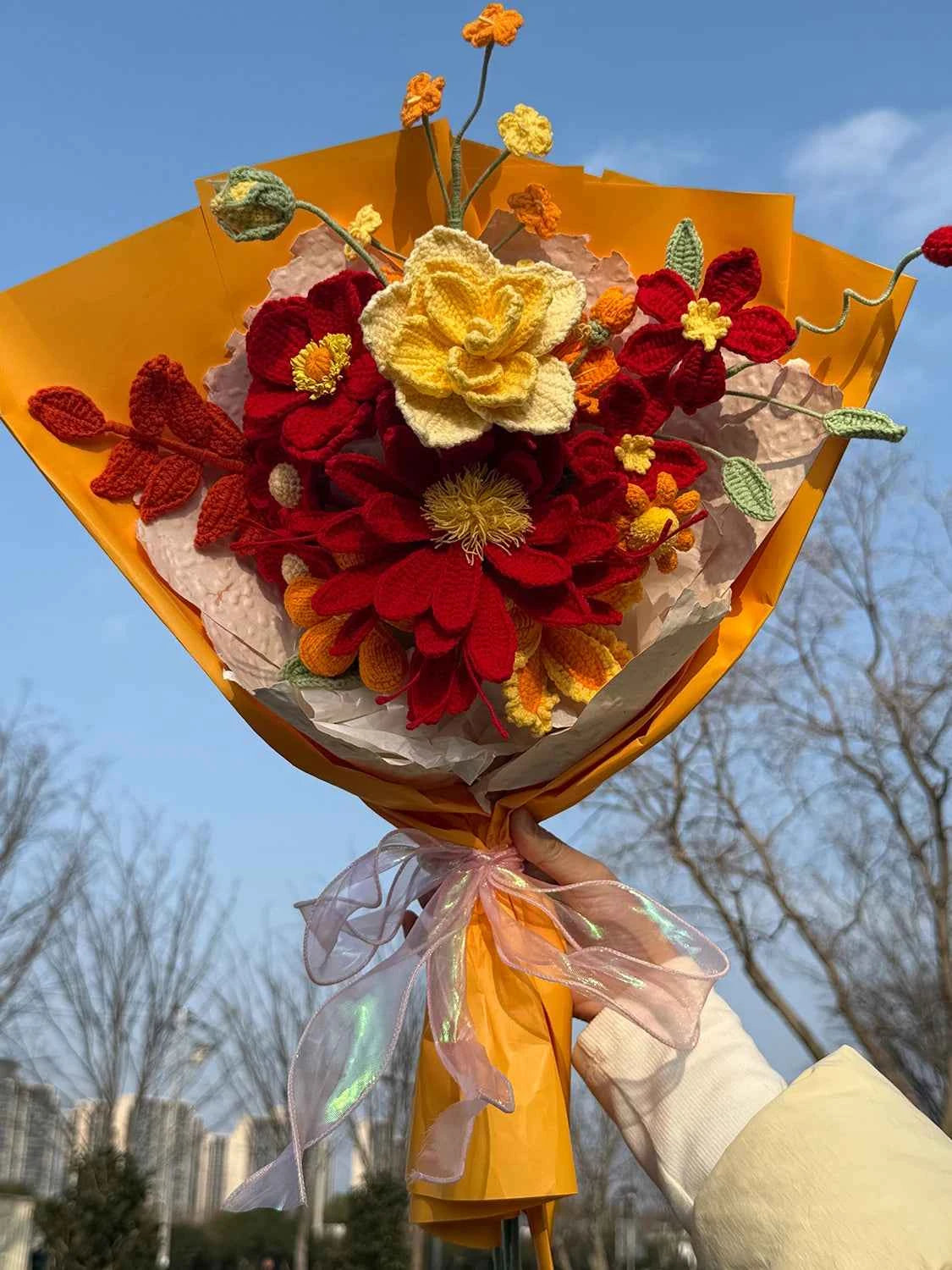 Handcrafted Crochet Flower Bouquet Gift | Red & Yellow Artificial Flowers