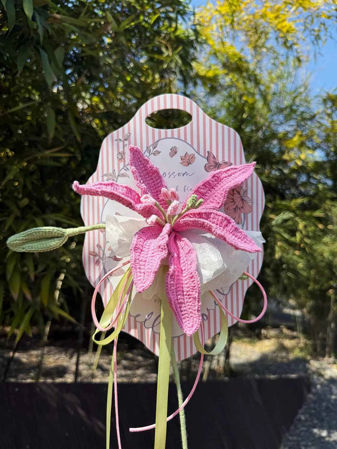 Handmade Crochet Perfume Lily Bouquet Card - Reusable Floral Greeting Card Gift