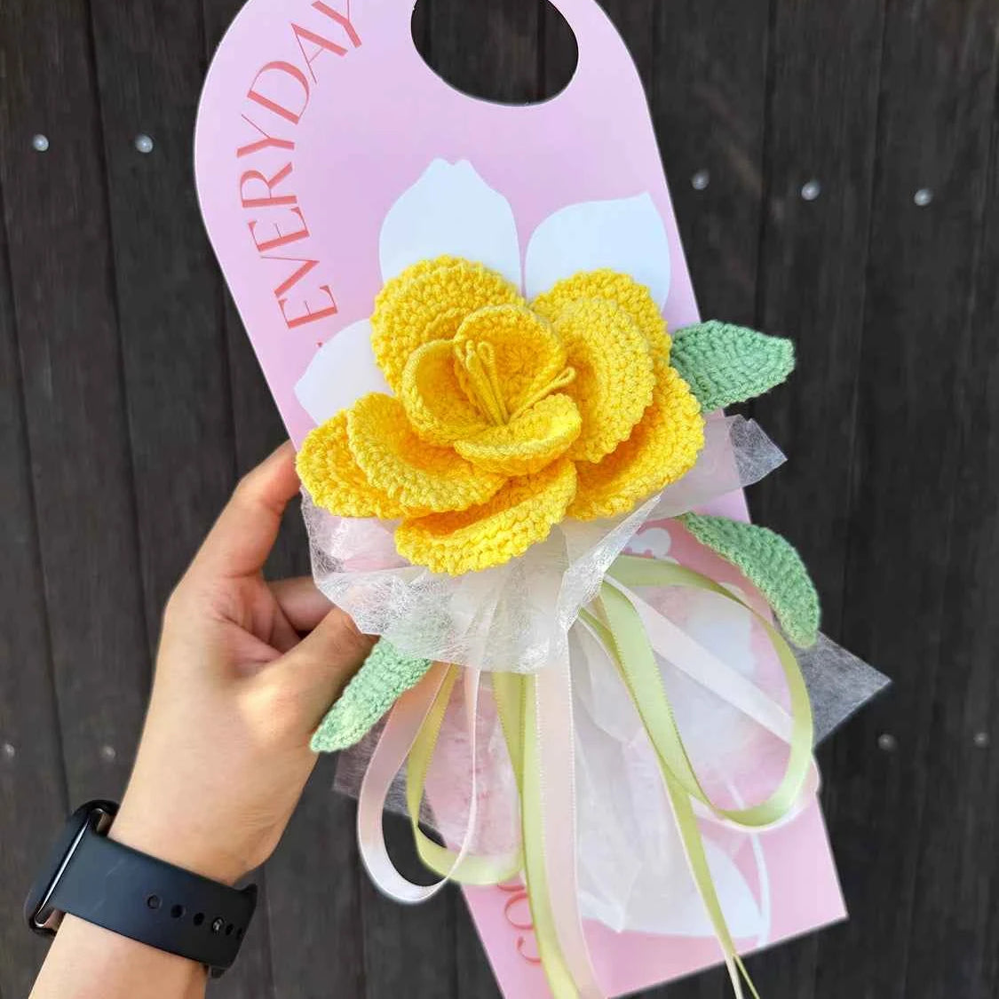 Handmade Crochet Yellow Rose on Greeting Card French Style Floral Present