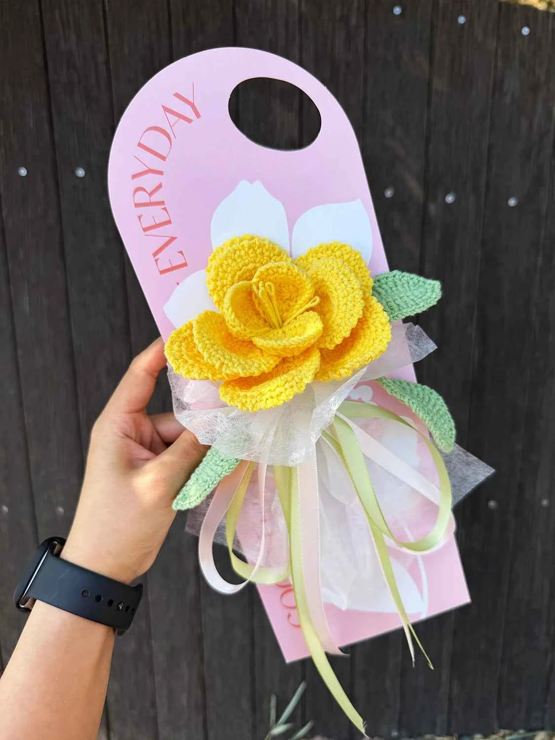 Handmade Crochet Yellow Rose on Greeting Card French Style Floral Present