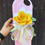 Handmade Crochet Yellow Rose on Greeting Card French Style Floral Present