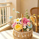 Luxury Handmade Crochet Flower Basket – Knitted Peony Rose Bouquet Arrangement, Forever Floral Gift for Home Decor & Special Occasions