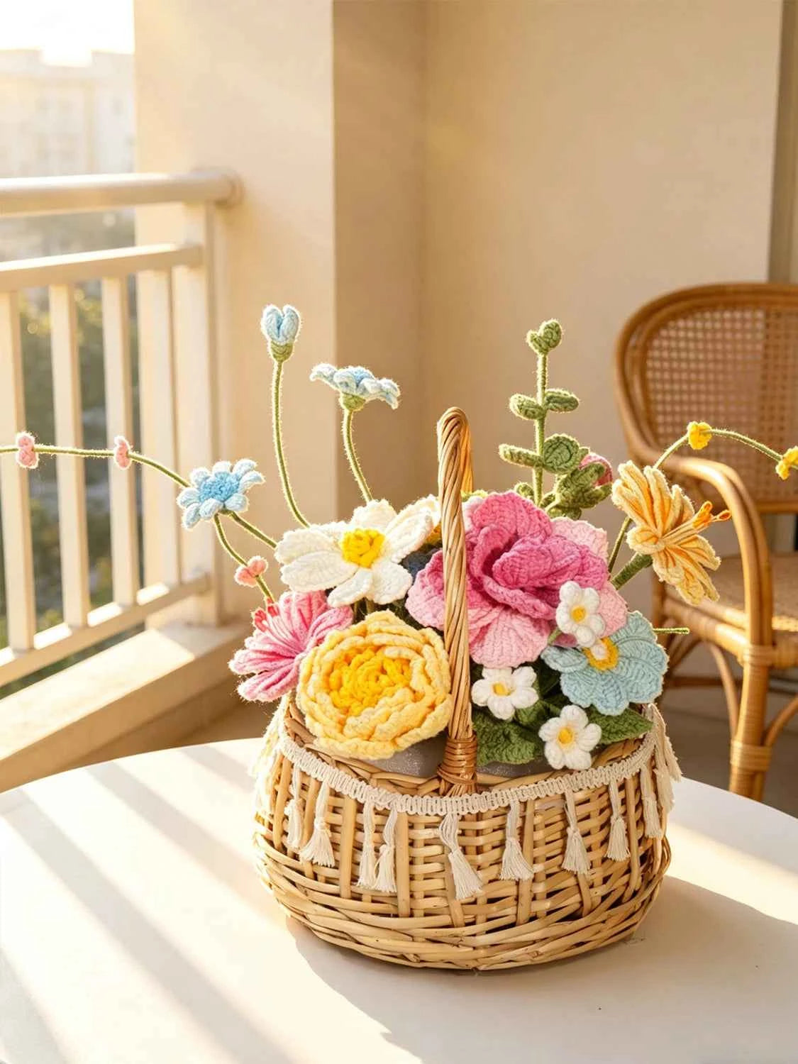 Luxury Handmade Crochet Flower Basket – Knitted Peony Rose Bouquet Arrangement, Forever Floral Gift for Home Decor & Special Occasions