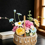 Luxury Handmade Crochet Flower Basket – Knitted Peony Rose Bouquet Arrangement, Forever Floral Gift for Home Decor & Special Occasions