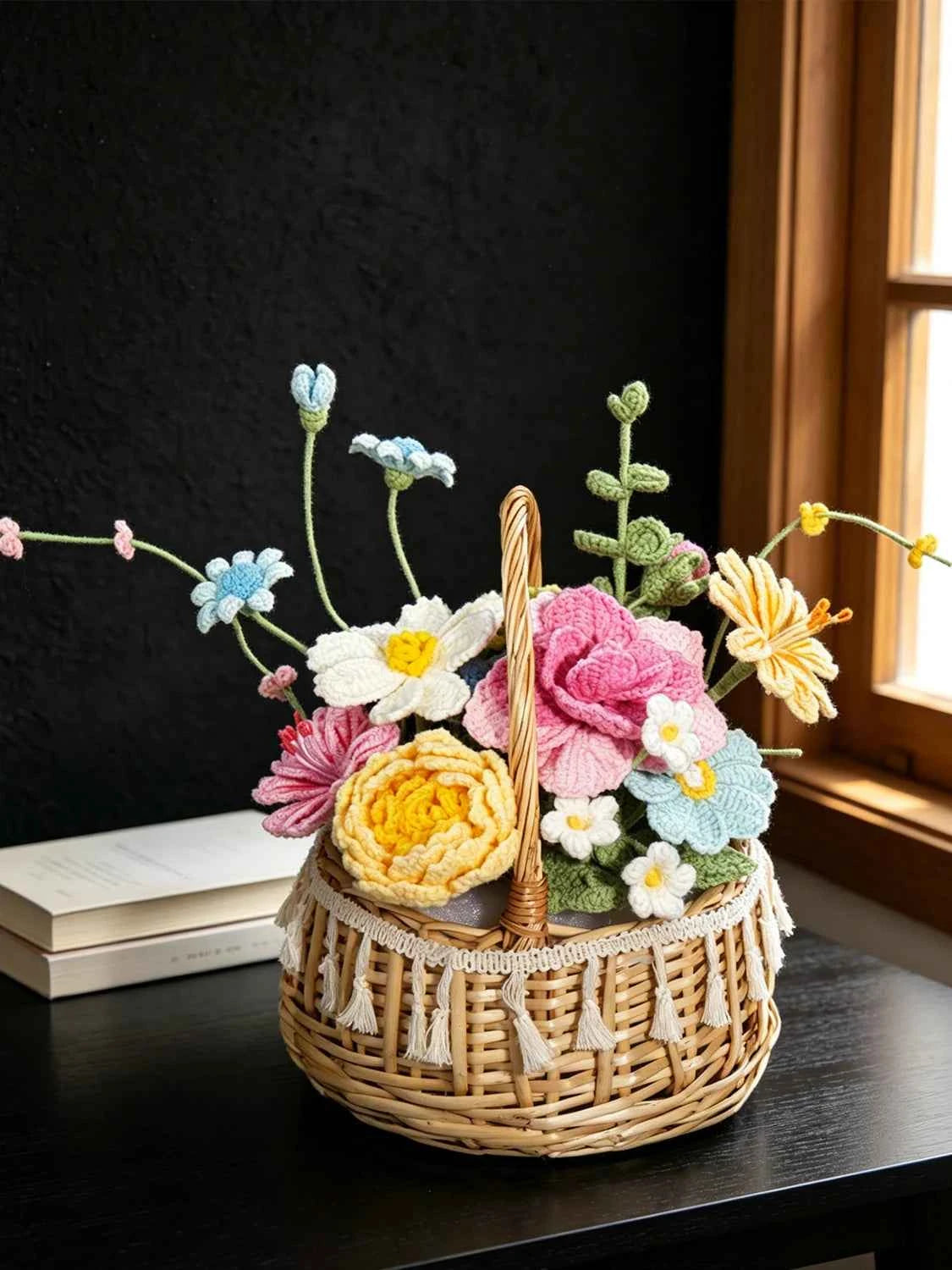 Luxury Handmade Crochet Flower Basket – Knitted Peony Rose Bouquet Arrangement, Forever Floral Gift for Home Decor & Special Occasions
