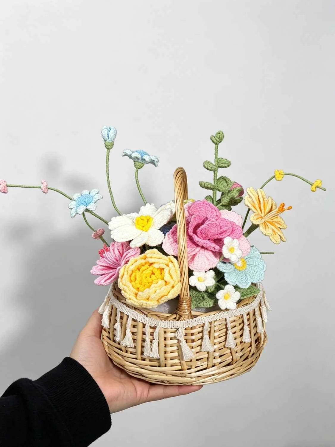 Luxury Handmade Crochet Flower Basket – Knitted Peony Rose Bouquet Arrangement, Forever Floral Gift for Home Decor & Special Occasions