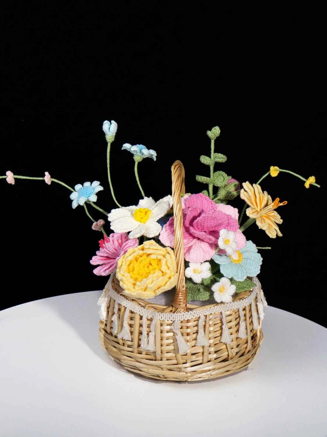 Luxury Handmade Crochet Flower Basket – Knitted Peony Rose Bouquet Arrangement, Forever Floral Gift for Home Decor & Special Occasions