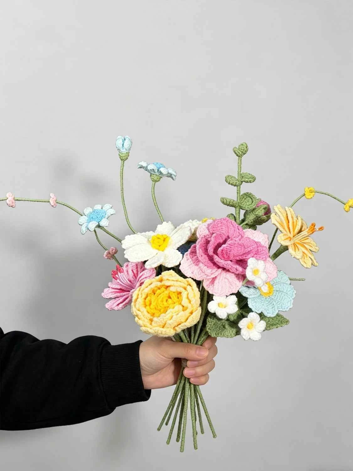 Luxury Handmade Crochet Flower Basket – Knitted Peony Rose Bouquet Arrangement, Forever Floral Gift for Home Decor & Special Occasions