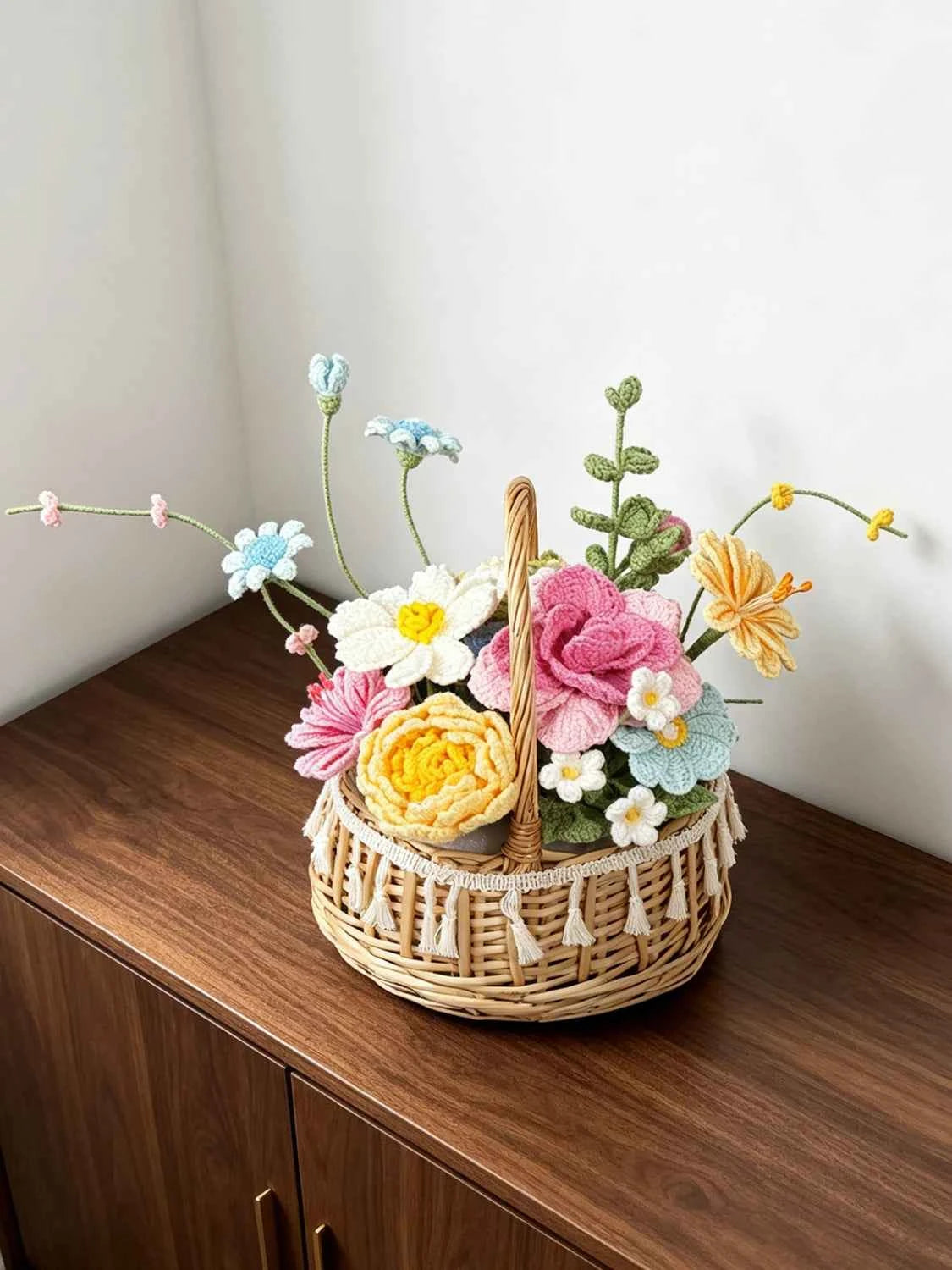 Luxury Handmade Crochet Flower Basket – Knitted Peony Rose Bouquet Arrangement, Forever Floral Gift for Home Decor & Special Occasions