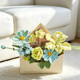 Mint Yellow Crochet Envelope Flower Bouquet, Handmade Knit Forever Floral Gift