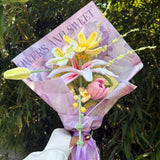 Pastel Purple Handmade Crochet Lily & Tulip Bouquet, Eternal Knitted Flower Gift For Her, Forever Preserved Floral Arrangement