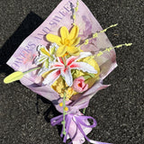 Pastel Purple Handmade Crochet Lily & Tulip Bouquet, Eternal Knitted Flower Gift For Her, Forever Preserved Floral Arrangement