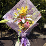Pastel Purple Handmade Crochet Lily & Tulip Bouquet, Eternal Knitted Flower Gift For Her, Forever Preserved Floral Arrangement