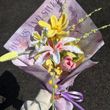 Pastel Purple Handmade Crochet Lily & Tulip Bouquet, Eternal Knitted Flower Gift For Her, Forever Preserved Floral Arrangement