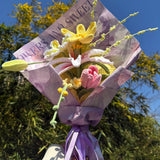 Pastel Purple Handmade Crochet Lily & Tulip Bouquet, Eternal Knitted Flower Gift For Her, Forever Preserved Floral Arrangement